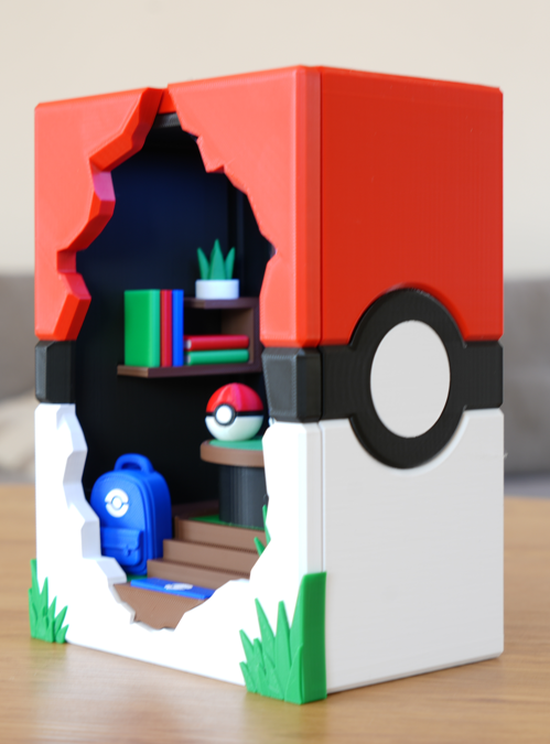 A 3D-printed miniature Pokémon-themed storage box shaped like a cracked Pokéball, with a red top half, white bottom half, black band, green grass accents, and an interior shelf displaying small toy books, a plant, a blue backpack, and a miniature Pokéball.