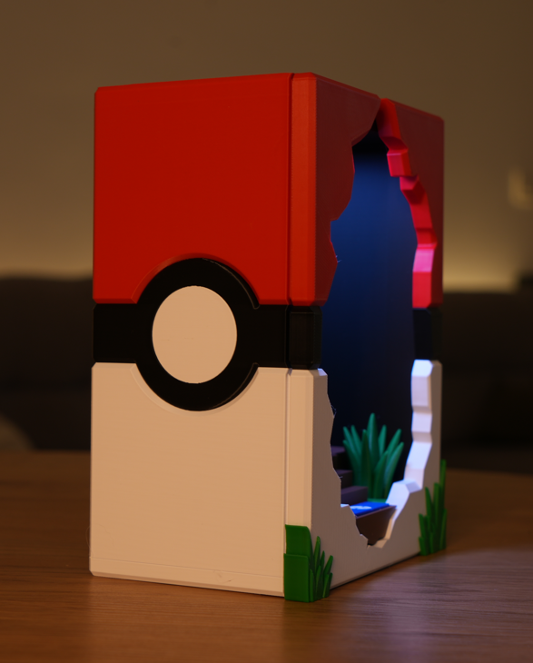A 3D-printed miniature Pokéball-themed box or display stand on a wooden table, featuring a red top half, white bottom half, black center band, and a hollowed-out interior with blue lighting and small green plant details.